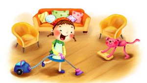 Preview wallpaper girl, child, vacuum cleaner, cleaning, laundry, dog, furniture, design