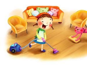Preview wallpaper girl, child, vacuum cleaner, cleaning, laundry, dog, furniture, design