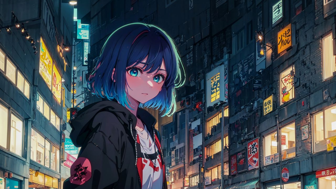 Wallpaper girl, city, hoodie, anime