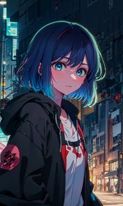 Preview wallpaper girl, city, hoodie, anime