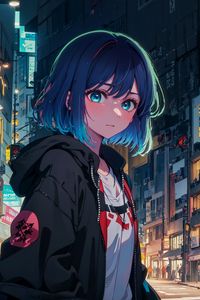 Preview wallpaper girl, city, hoodie, anime