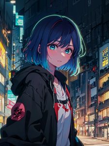 Preview wallpaper girl, city, hoodie, anime