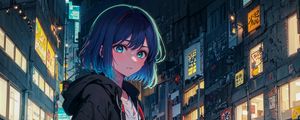 Preview wallpaper girl, city, hoodie, anime