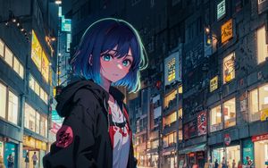 Preview wallpaper girl, city, hoodie, anime