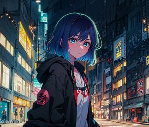 Preview wallpaper girl, city, hoodie, anime