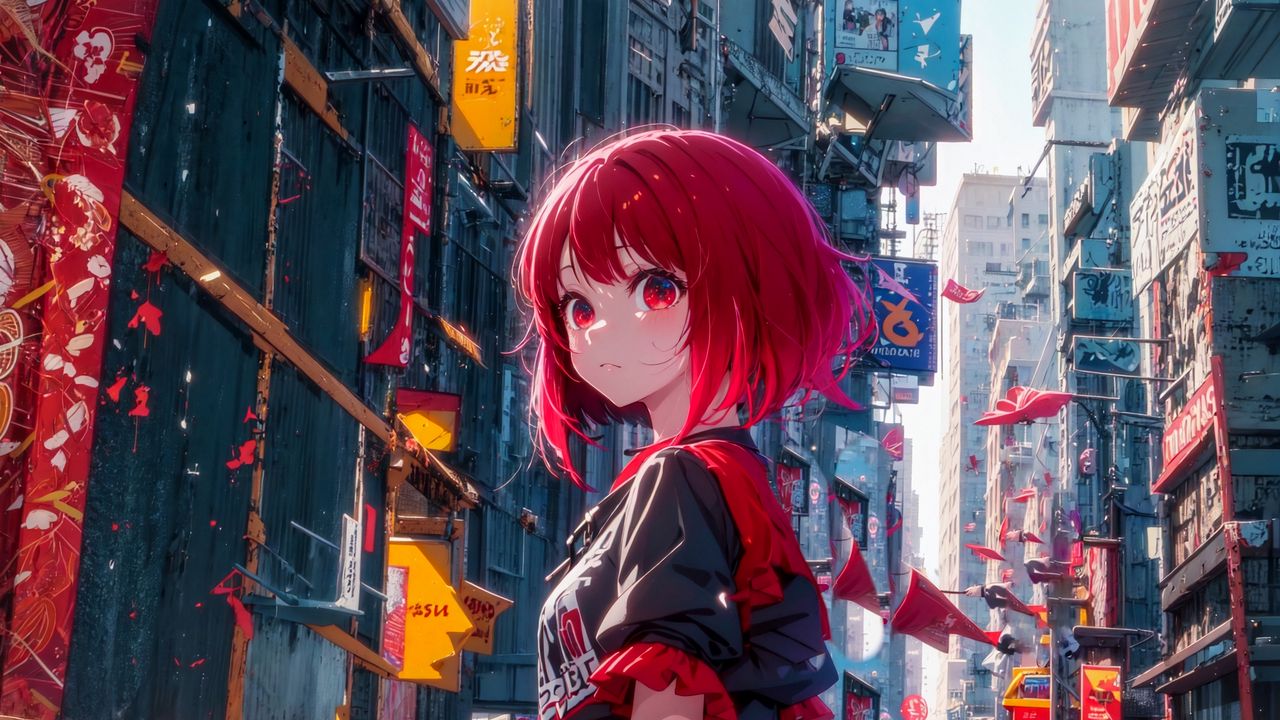 Wallpaper girl, city, street, buildings, anime