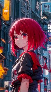 Preview wallpaper girl, city, street, buildings, anime