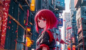 Preview wallpaper girl, city, street, buildings, anime