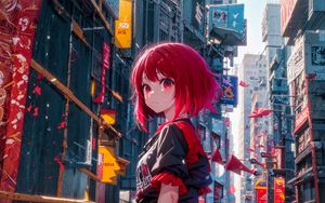 Preview wallpaper girl, city, street, buildings, anime