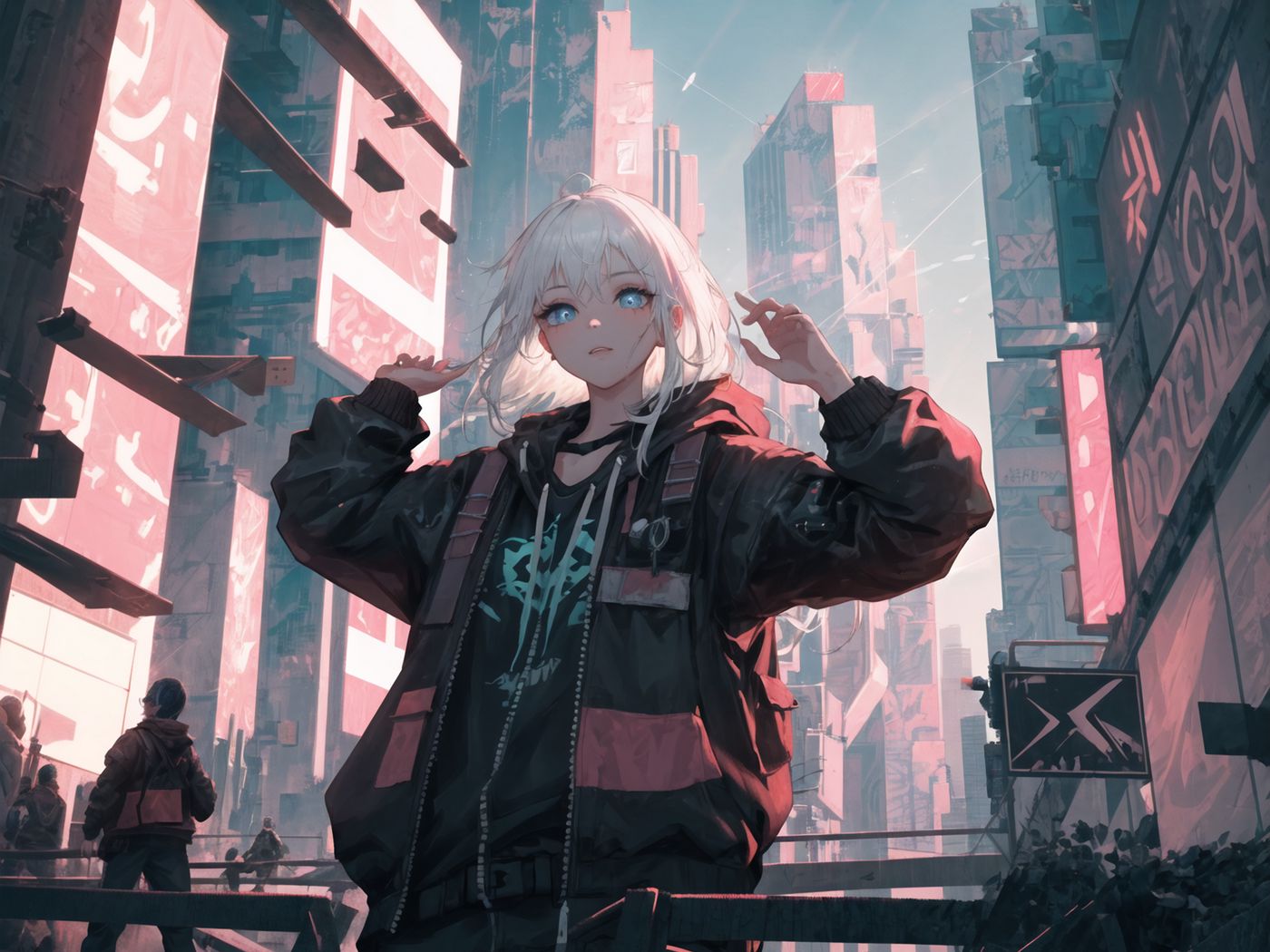 1400x1050 Wallpaper girl, city, street, style, anime