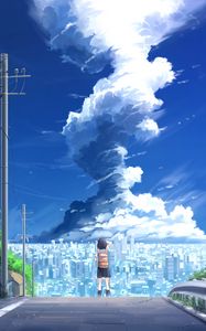 Preview wallpaper girl, city, tornado, anime, art