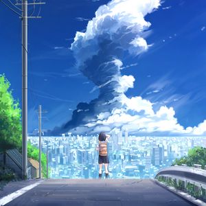 Preview wallpaper girl, city, tornado, anime, art