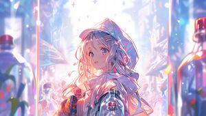 Preview wallpaper girl, cloak, bottles, anime, art