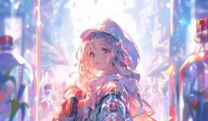 Preview wallpaper girl, cloak, bottles, anime, art