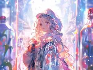 Preview wallpaper girl, cloak, bottles, anime, art