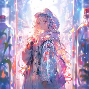 Preview wallpaper girl, cloak, bottles, anime, art