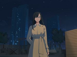 Preview wallpaper girl, cloak, glance, night, anime