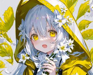 Preview wallpaper girl, cloak, hood, flowers, anime, art