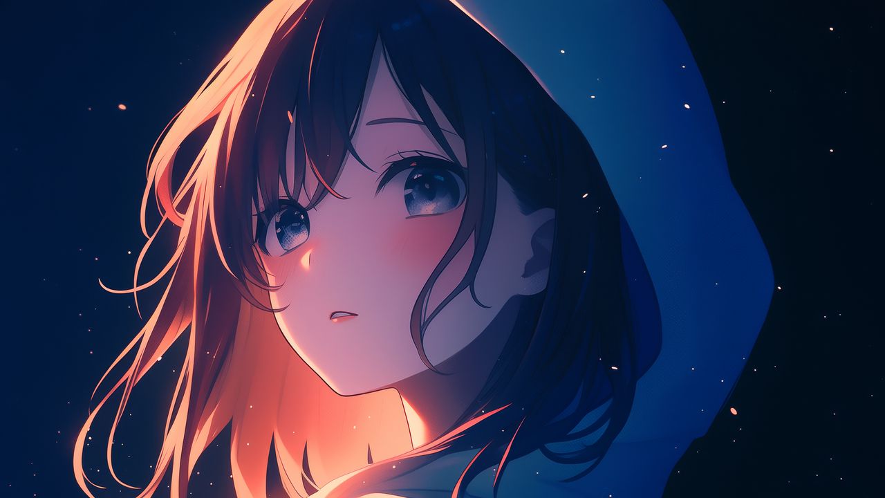 Wallpaper girl, cloak, hood, stars, anime, art