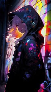 Preview wallpaper girl, cloak, hood, graffiti, art, anime