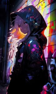 Preview wallpaper girl, cloak, hood, graffiti, art, anime