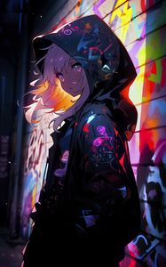 Preview wallpaper girl, cloak, hood, graffiti, art, anime