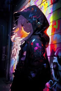 Preview wallpaper girl, cloak, hood, graffiti, art, anime