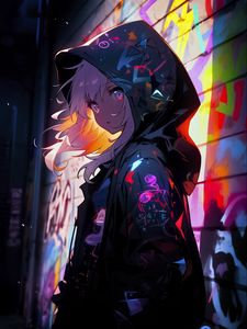 Preview wallpaper girl, cloak, hood, graffiti, art, anime