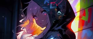 Preview wallpaper girl, cloak, hood, graffiti, art, anime