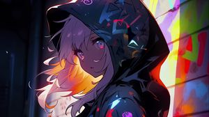 Preview wallpaper girl, cloak, hood, graffiti, art, anime