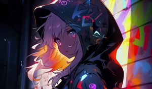 Preview wallpaper girl, cloak, hood, graffiti, art, anime