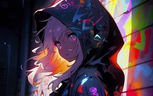 Preview wallpaper girl, cloak, hood, graffiti, art, anime