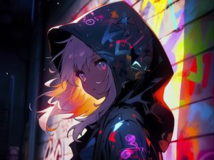 Preview wallpaper girl, cloak, hood, graffiti, art, anime