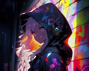 Preview wallpaper girl, cloak, hood, graffiti, art, anime