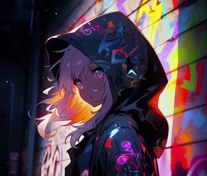 Preview wallpaper girl, cloak, hood, graffiti, art, anime