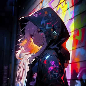 Preview wallpaper girl, cloak, hood, graffiti, art, anime