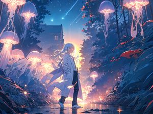 Preview wallpaper girl, cloak, jellyfish, glow, anime, art