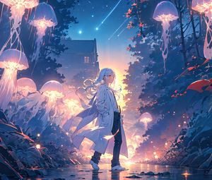 Preview wallpaper girl, cloak, jellyfish, glow, anime, art