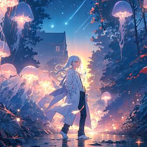 Preview wallpaper girl, cloak, jellyfish, glow, anime, art