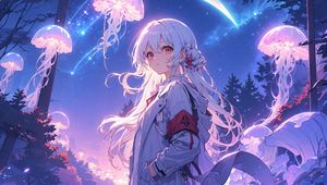 Preview wallpaper girl, cloak, jellyfish, anime, glow