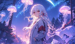 Preview wallpaper girl, cloak, jellyfish, anime, glow