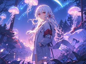 Preview wallpaper girl, cloak, jellyfish, anime, glow