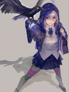 Preview wallpaper girl, cloak, raven, bird, anime, art