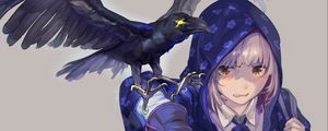 Preview wallpaper girl, cloak, raven, bird, anime, art