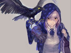 Preview wallpaper girl, cloak, raven, bird, anime, art