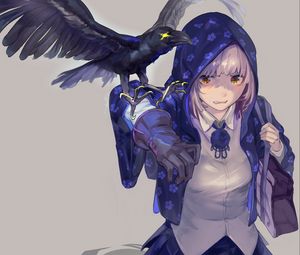 Preview wallpaper girl, cloak, raven, bird, anime, art