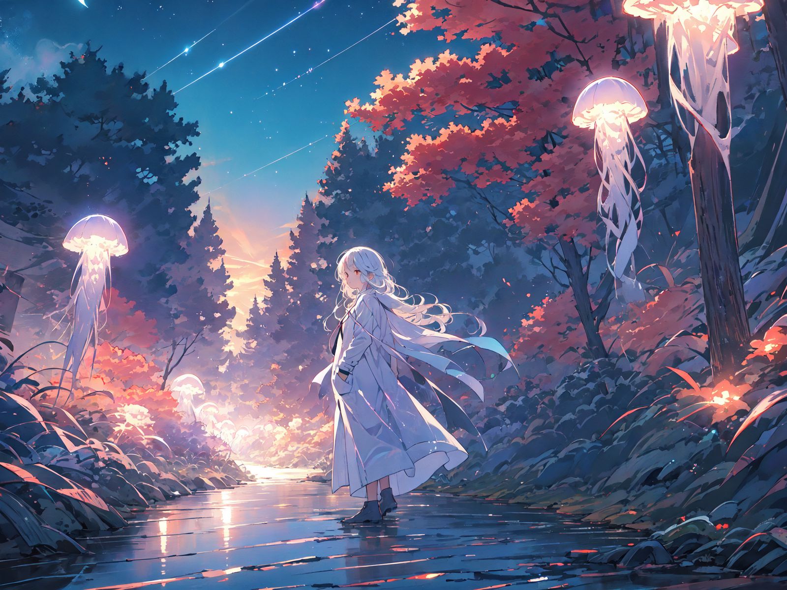 1600x1200 Wallpaper girl, cloak, road, jellyfish, anime, art