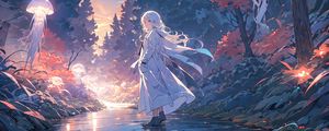 Preview wallpaper girl, cloak, road, jellyfish, anime, art