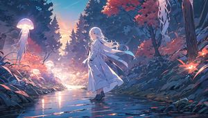 Preview wallpaper girl, cloak, road, jellyfish, anime, art