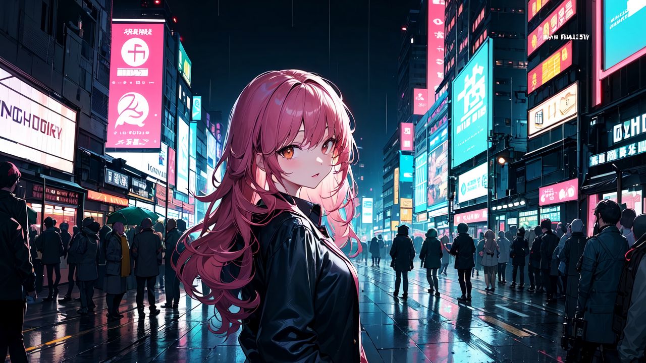 Wallpaper girl, cloak, street, city, evening, anime, art